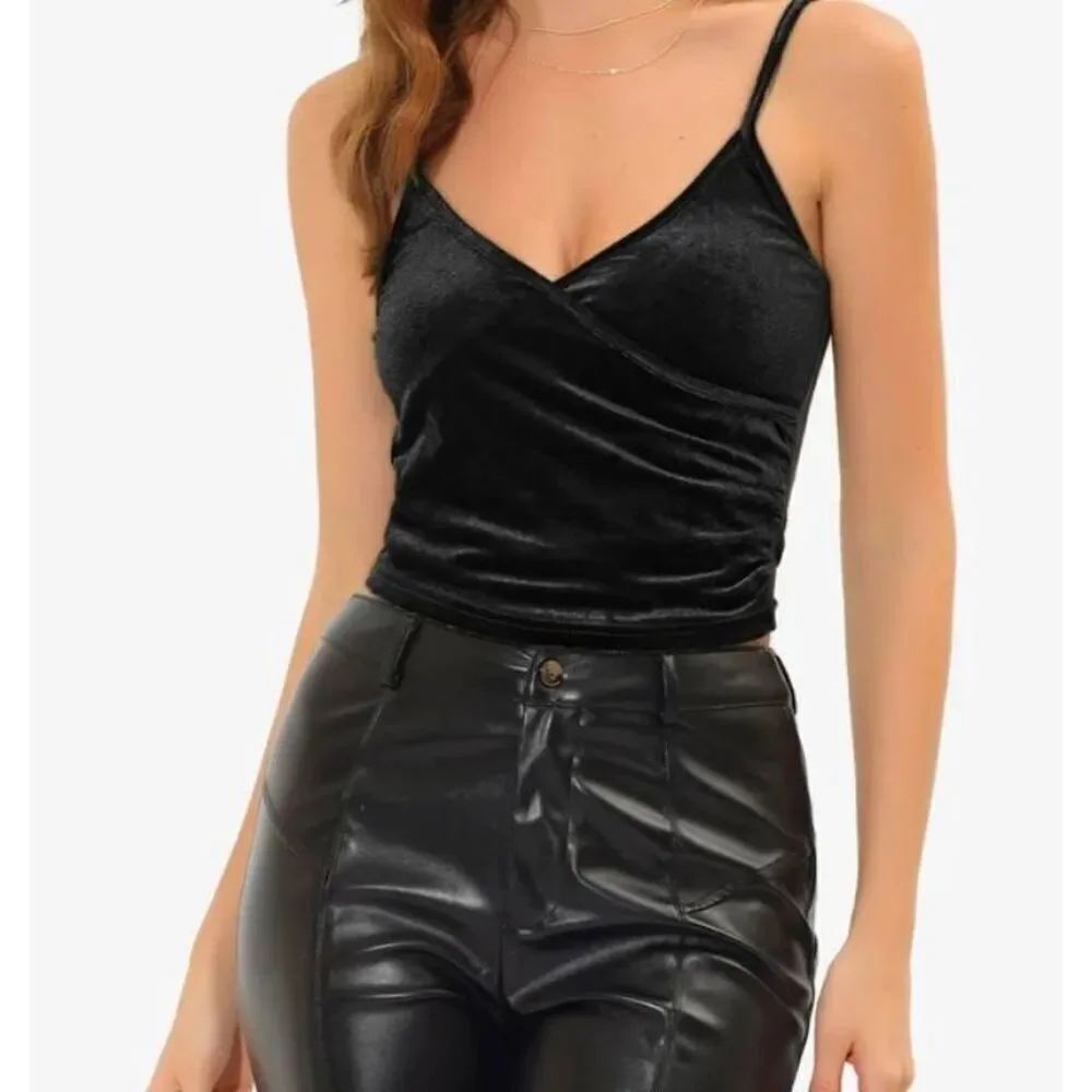 Allegra K Velvet Faux Wrapped Cropped Tank Cami Top Black Xlarge — image 8 of 8